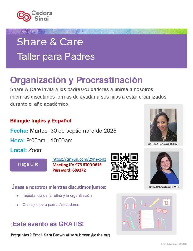 Share and Care Zoom Workshop on Procrastination and Organization - Spanish