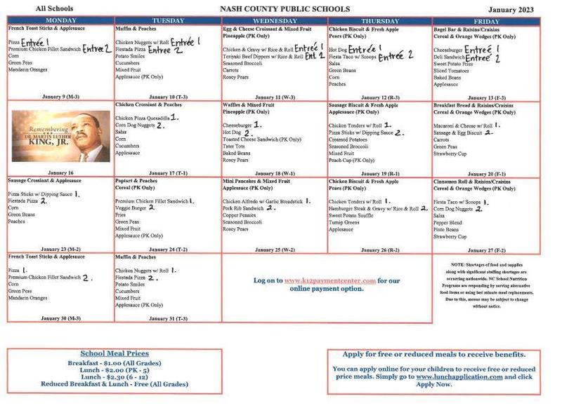 January Breakfast and Lunch Menu