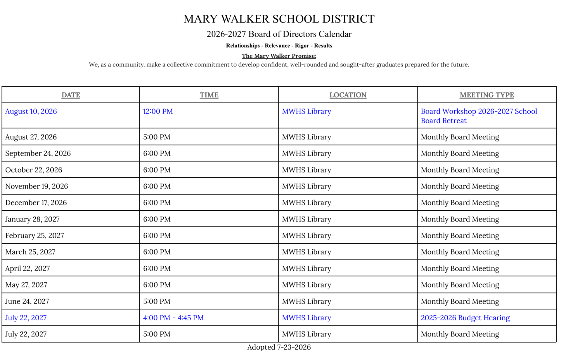 Board Meeting Schedule