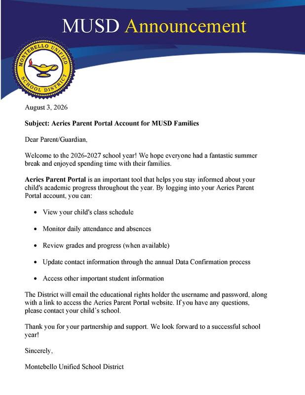 Aeries Parent Portal Announcement