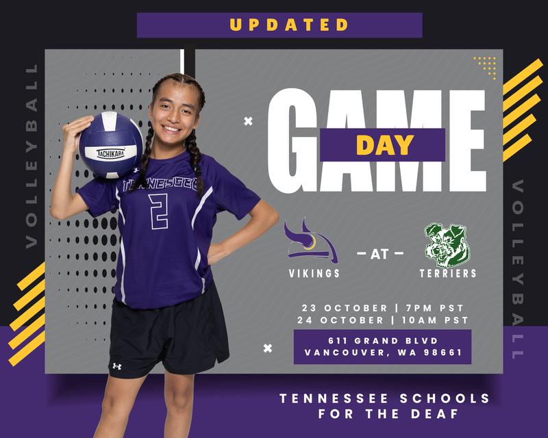 A girl in a volleyball uniform holds a ball, promoting a game day event.