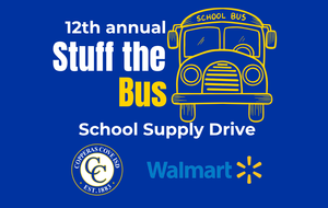Graphic with CCISD logo, Walmart logo. 12th annual Stuff the Bus School Supply Drive