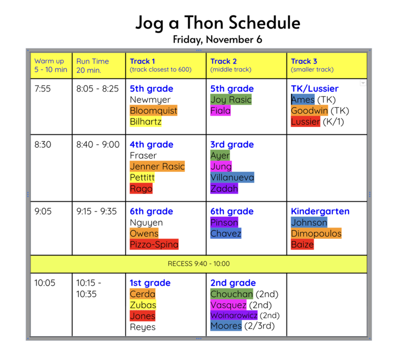 Jog-a-Thon Schedule: Friday, November 6, 2026