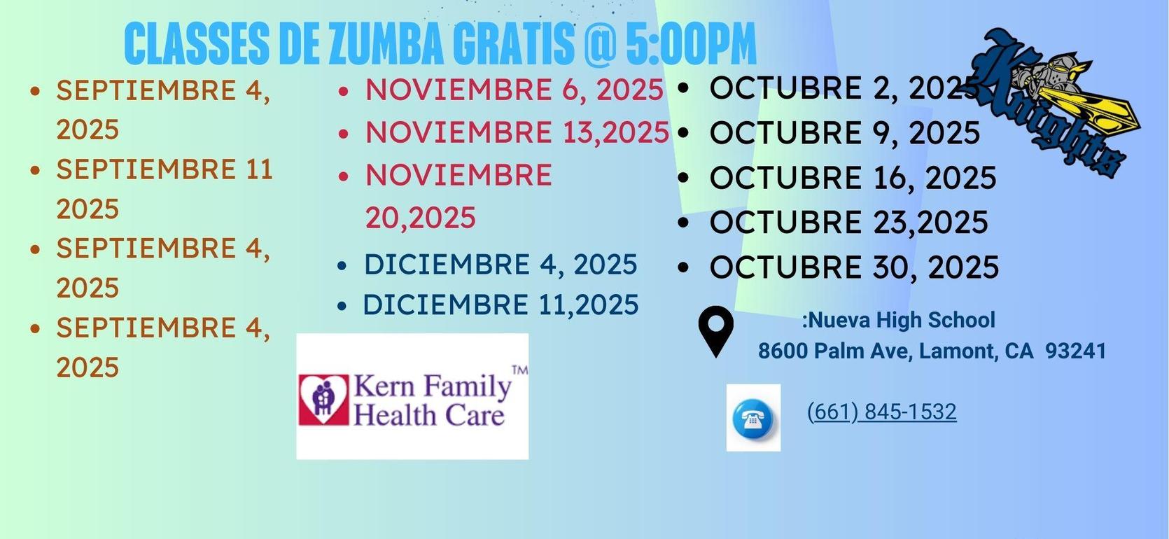 Colorful event flyer listing dates and locations with health care and contact information.