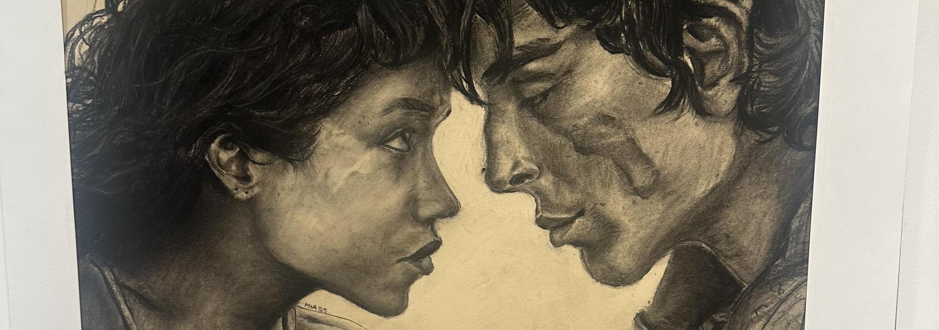 pencil drawing of two people touching foreheads.