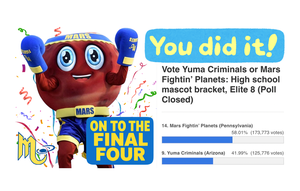 Mascot celebrating victory in a voting contest with results displayed.