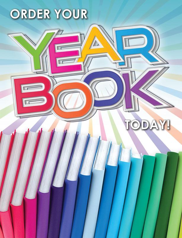 Colorful yearbook covers with a bold text urging to order today.