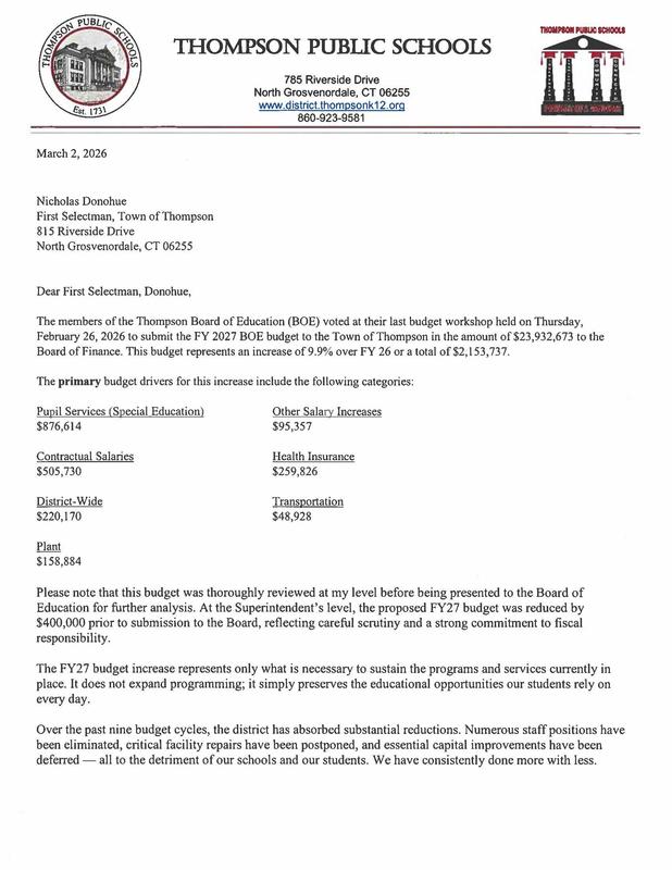 Correspondence to First Selectman from Superintendent Smith