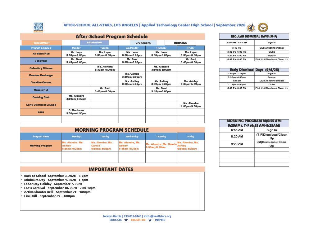 September All Stars Program Schedule