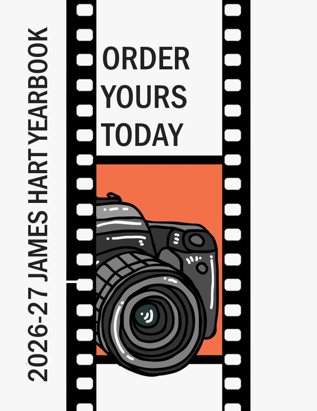 Flyer for James Hart Yearbook with an illustration of a camera on it