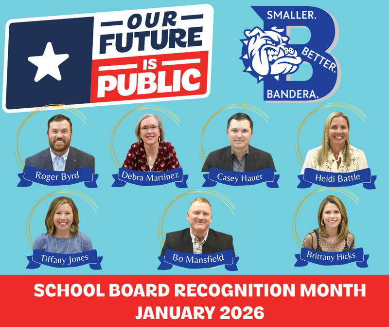 blue background with our future is public image and all 7 board members representing BISD School Board for school board appreciation  month