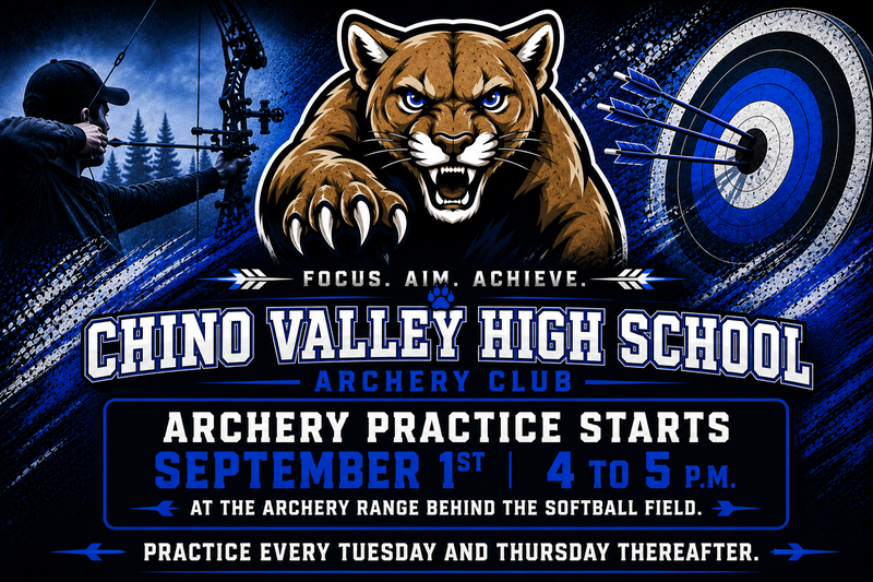 ai generated flyer with an archer and cougar announcing archery begins at cvhs on september 1