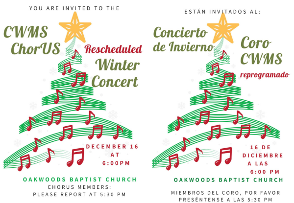 Invitation to chrous concert in English and Spanish with Christams tree with notes background
