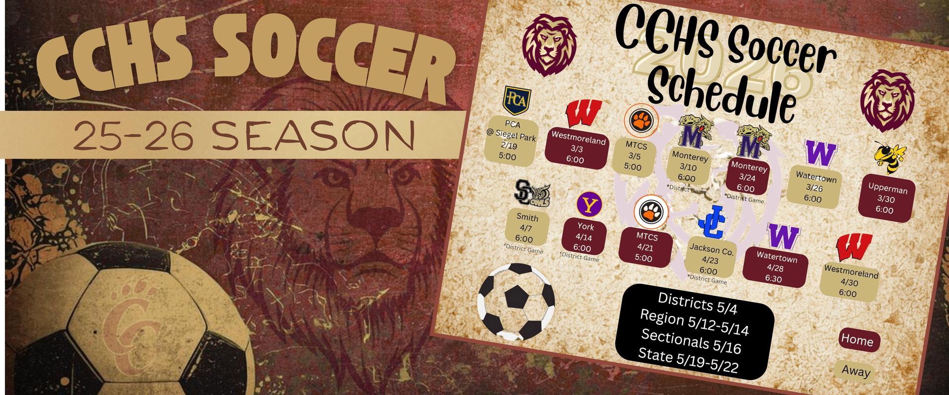 CCHS Soccer schedule 2025-2026.