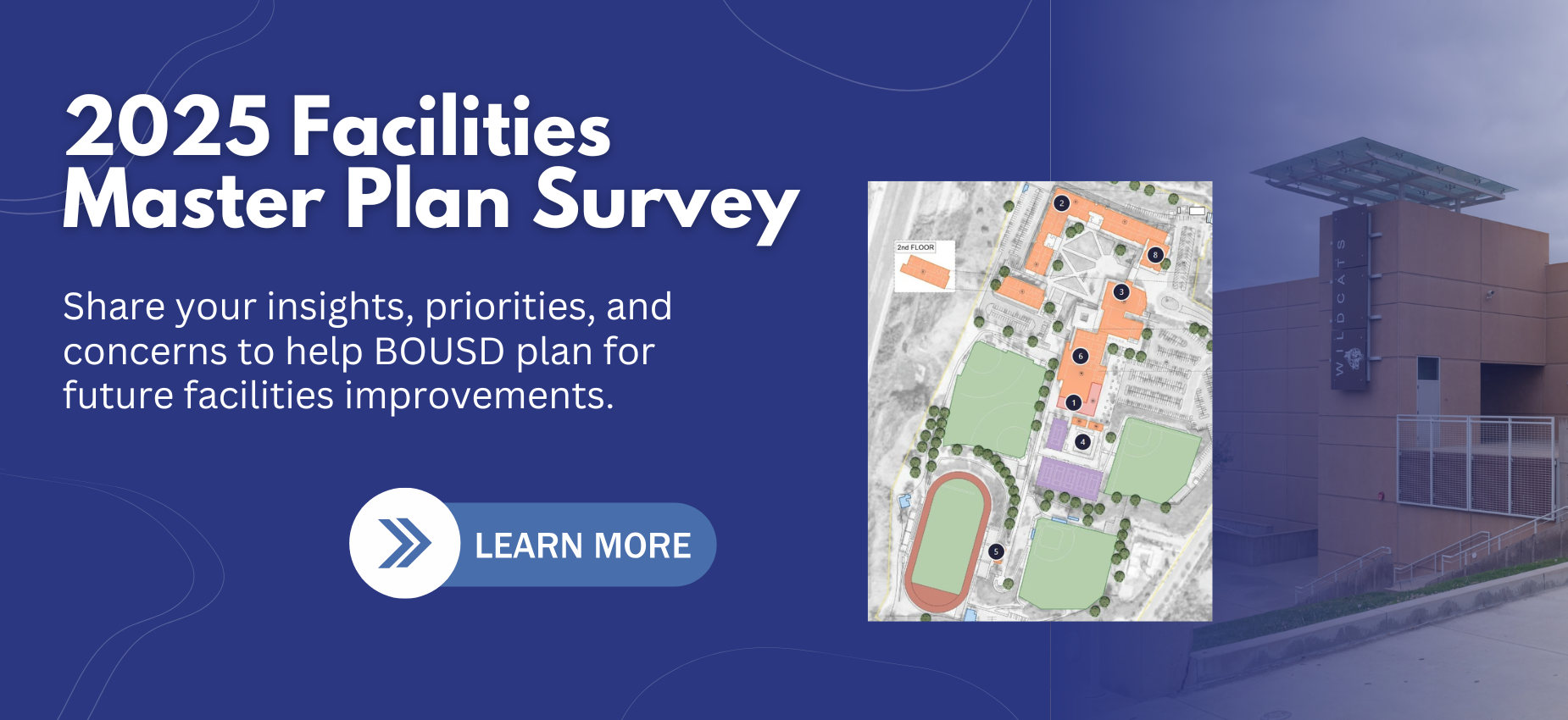2025 Facilities Master Plan survey invitation with a site map and information about improvements.