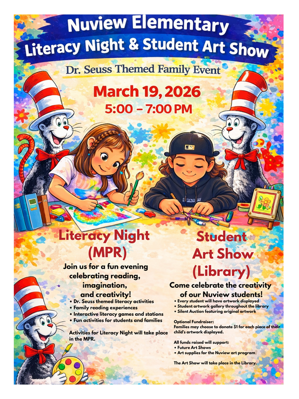 Three children creating art against a vibrant, paint-splattered background. Nuview Elementary School’s 1st Annual Art Show on March 19, 2026, from 5:00 to 7:00 pm in the school library. The event features student work and a silent auction.