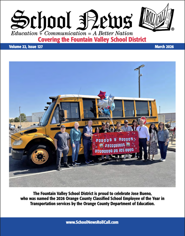 Celebration of Jose Bueno, classified employee of the year, with a school bus.