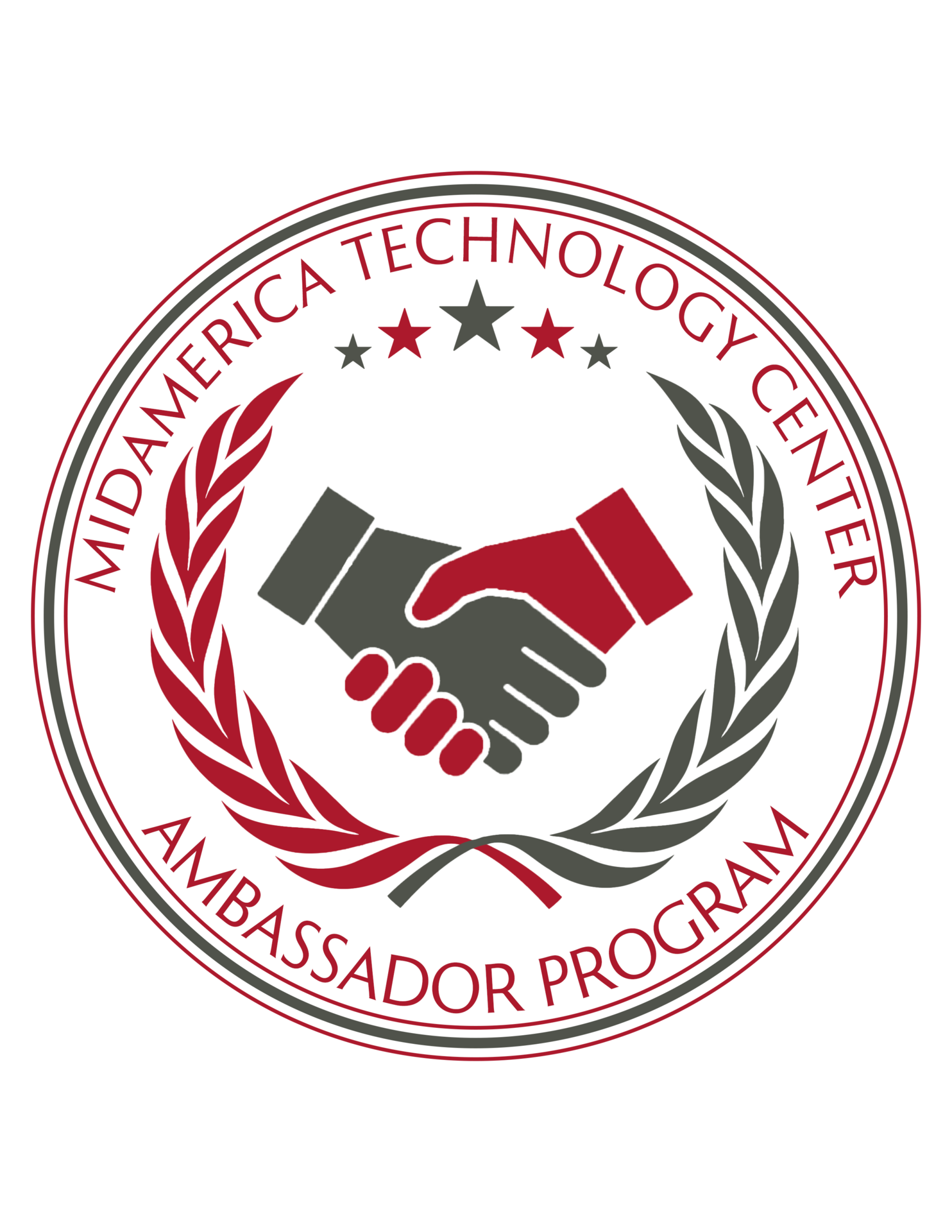logo with red and gray hands shaking and stars