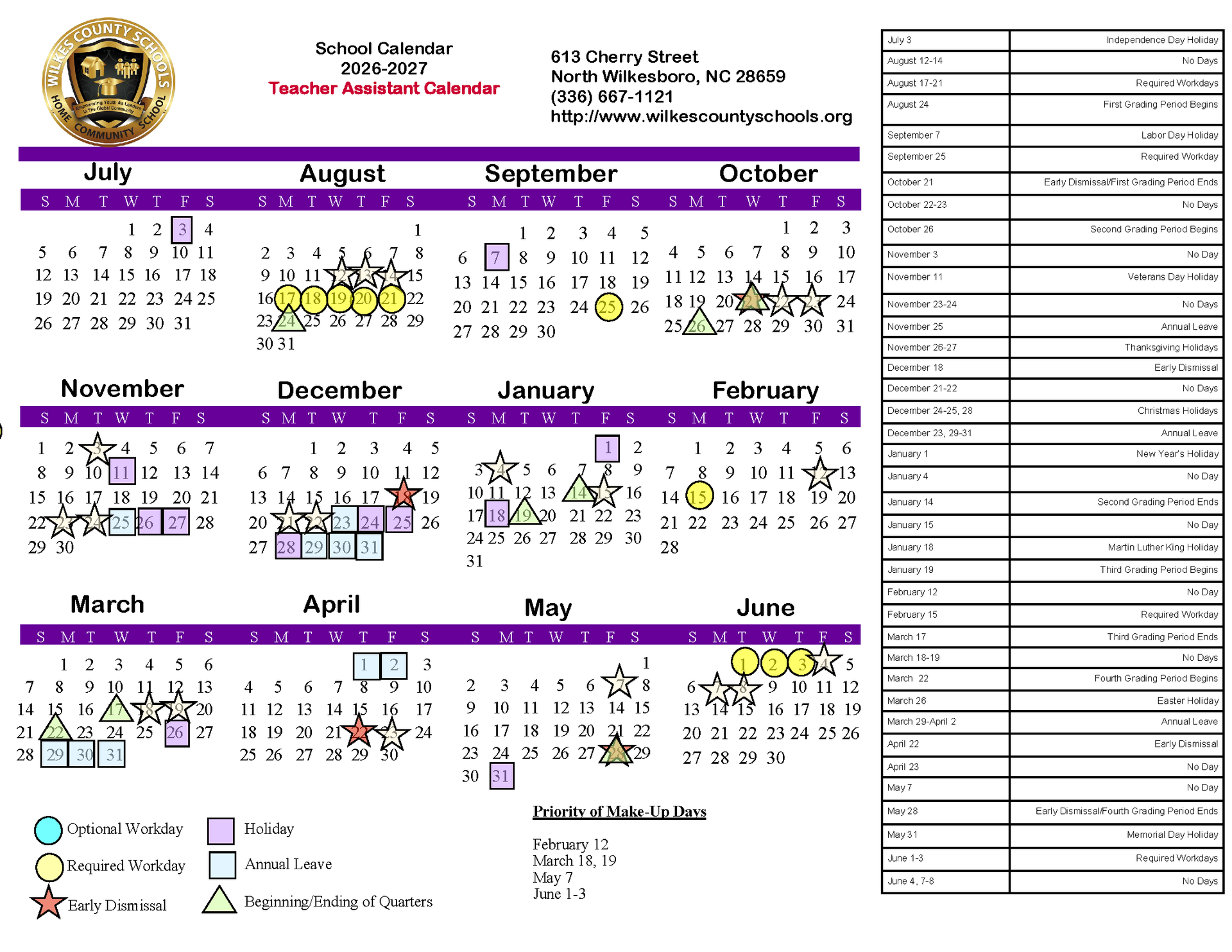 2026-2027 Teacher Assistant Calendar. Fully accessible text version is provided below.
