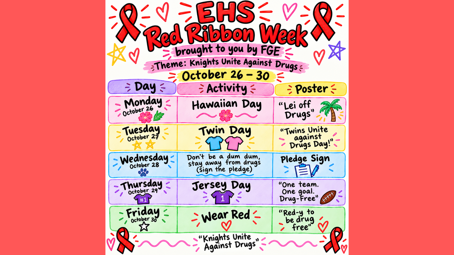 Colorful schedule for EHS Red Ribbon Week with themed activities.