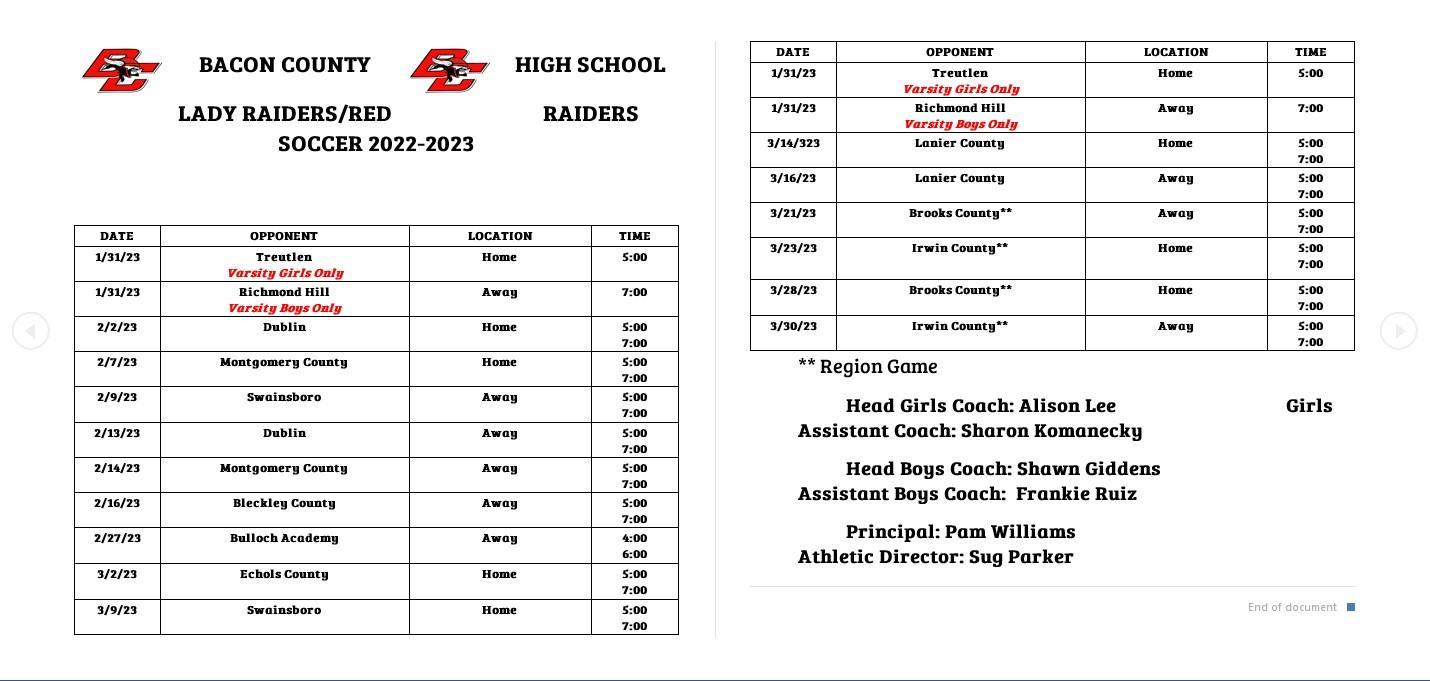 BCHS Soccer Soccer Bacon County School District