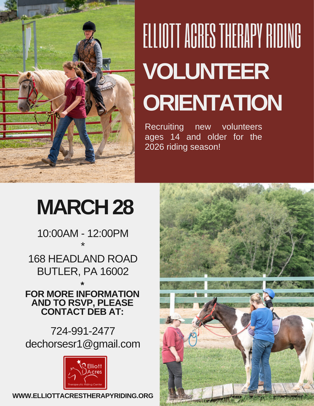 flyer for a volunteer opportunity at Elliot Acres therapy riding