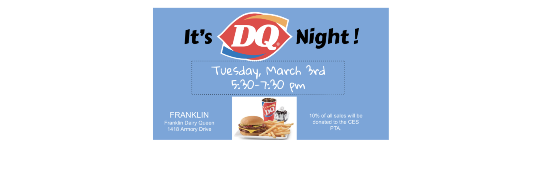 Announcement for DQ Night at Dairy Queen with details and food images.