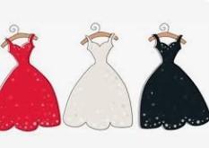 Three dresses on hangers: red, white, and black.