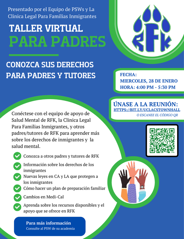 "Know Your Rights" Virtual Parent/Guardian Workshop Flyer Spanish