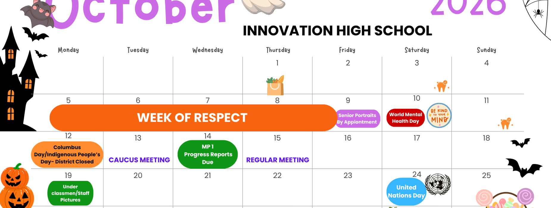 Colorful October calendar with school events and decorations.