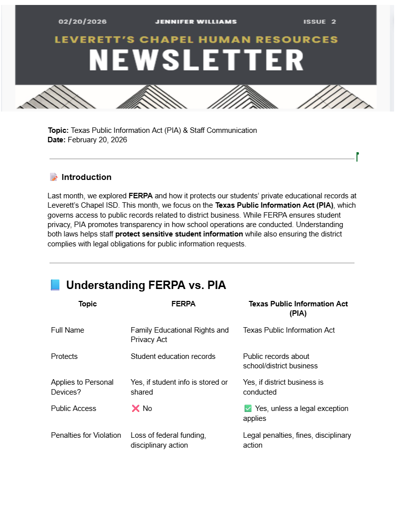 Newsletter from Human Resources