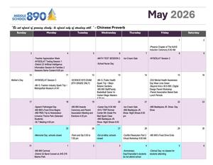 Calendar for May 2026 with events and holidays noted.