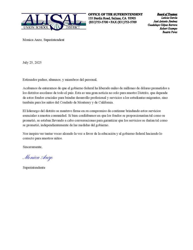 Letter funding release