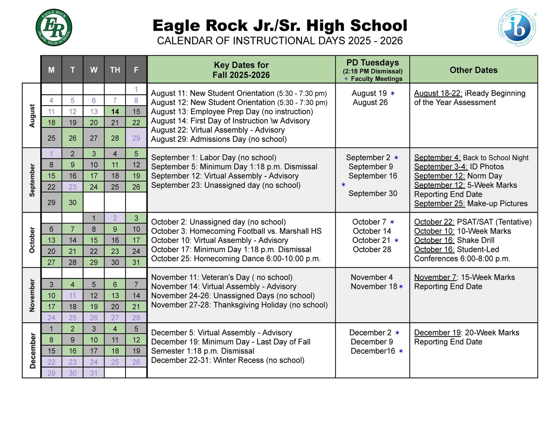 Calendar of instructional dates Fall