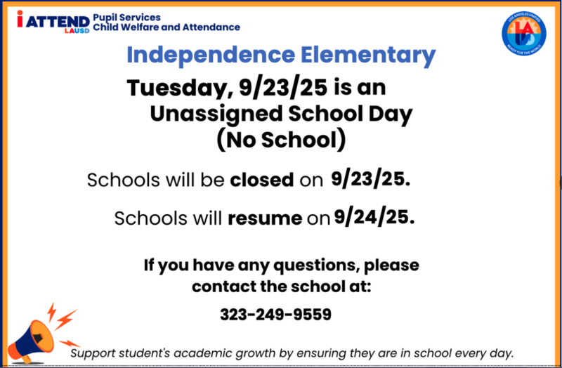 Tuesday, 9/23/25 is an Unassigned School Day (No School)