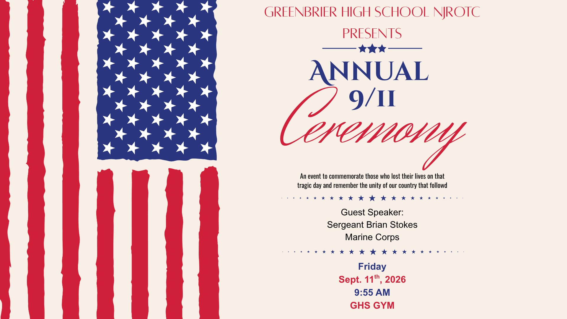 Announcement for the 9/11 ceremony with American flag backdrop.