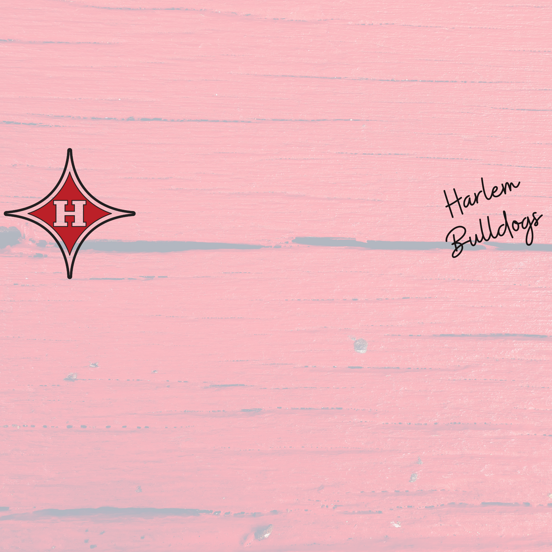 Harlem Bulldogs logo on a pink wooden background with a diamond shape.