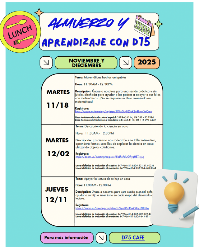 Spanish- Light blue background with lightbulb and lunch picture