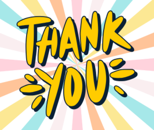 Yellow Thank You in front of colorful sunburst graphic