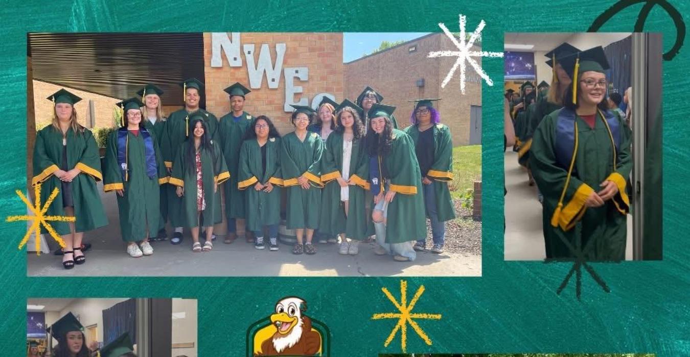 Graduates in green caps and gowns walking and smiling at North Wilkesboro Elementary.