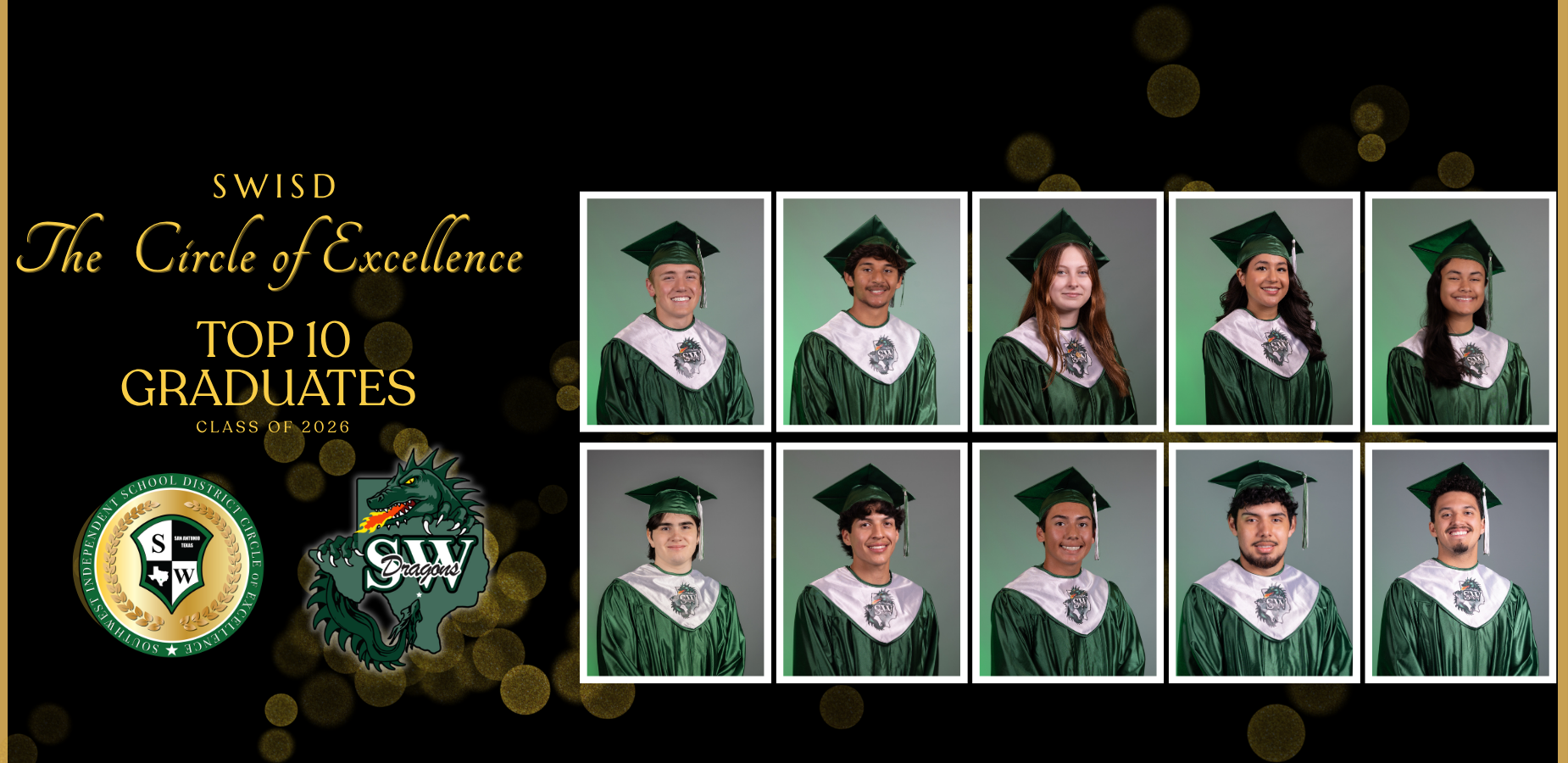 Ten graduates in green caps and gowns with golden bokeh background.