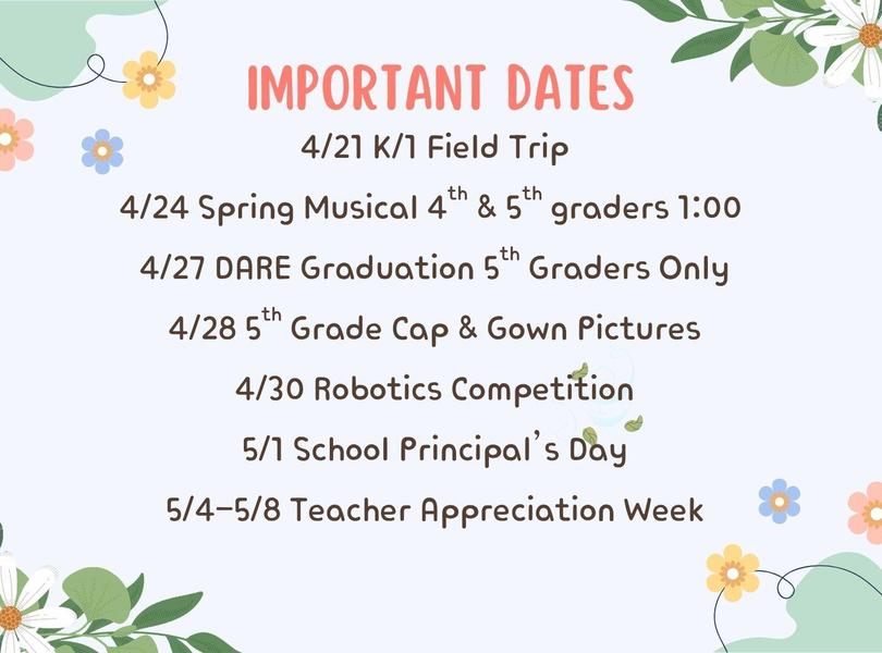 Important Dates for April/May