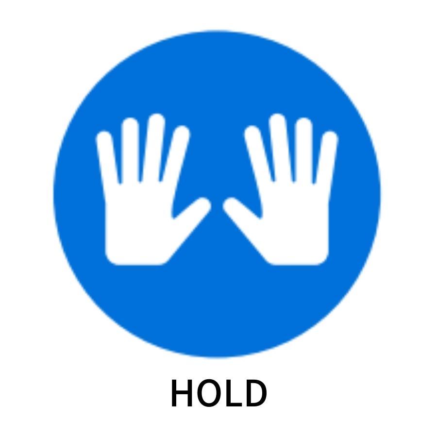 Two hands facing outward on a blue circle with the word 'HOLD' below.