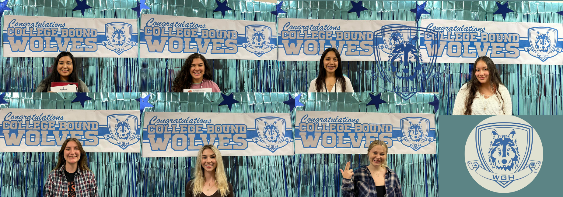 collage of teen girls standing before a banner that reads congrats college bound wolves