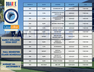 Early College Fall Schedule for the 2026-2027 school year