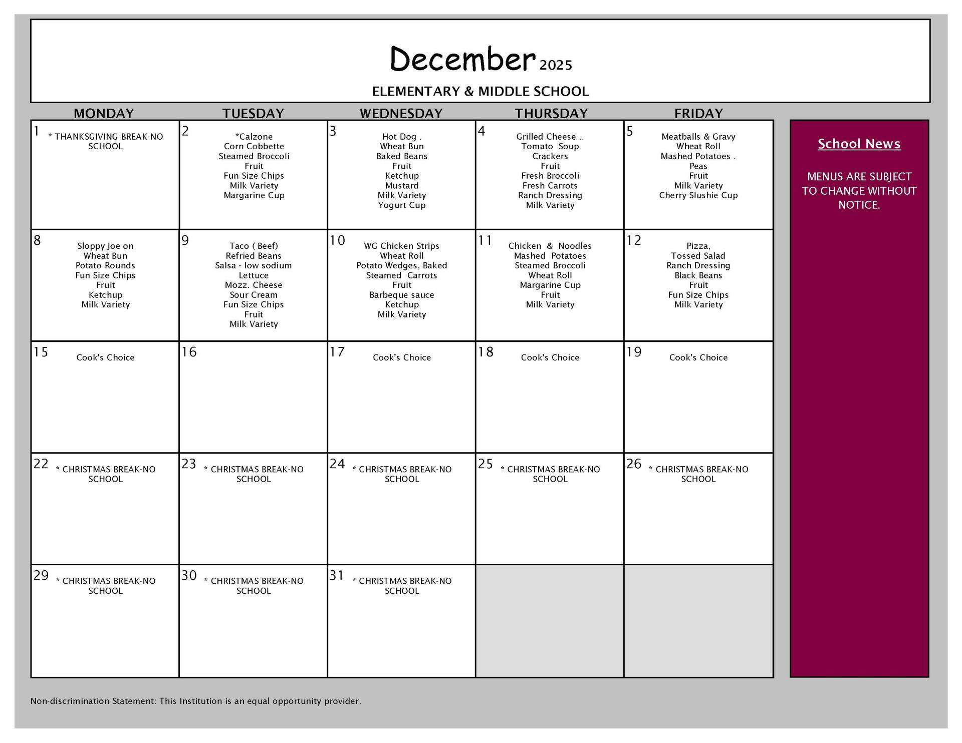 December Lunch Menu PK-8