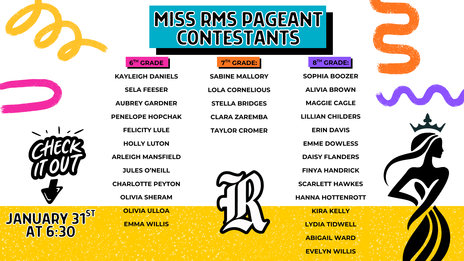 Contestants list for the Miss RMS Pageant with colorful design elements.