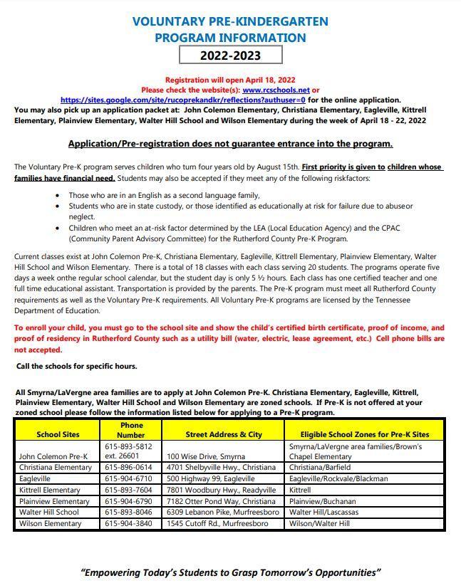 Voluntary PreKindergarten and Kindergarten Readiness Schools