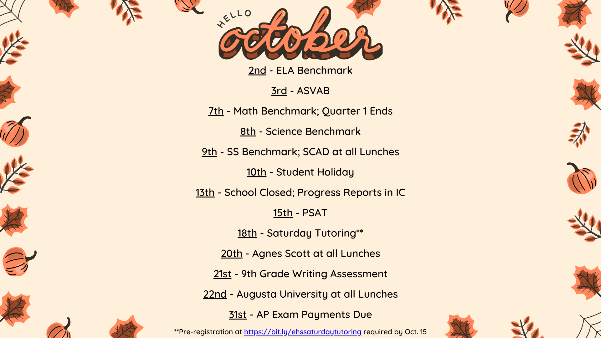 Hello October calendar with dates and events, decorated with pumpkins and leaves.