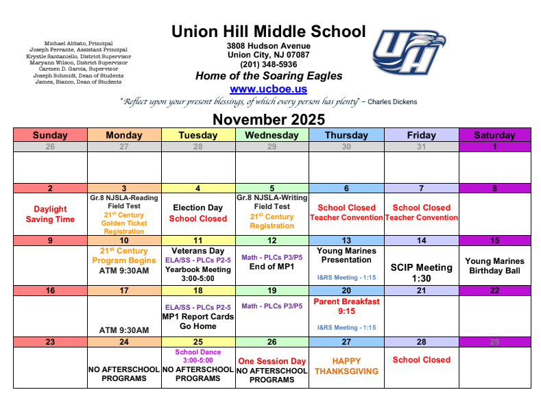 Union Hill Middle School November 2025 Calendar
